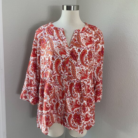 Cynthia Rowley Womens Plus 1X Linen Blend Paisley Button Front Tunic Top Shirt - Picture 1 of 11